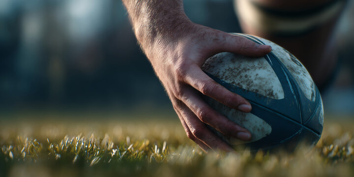 Close-up of a rugby player's hand placing the ball on the grass field. The focus is on the ball and the player's hand with the blurred background.
