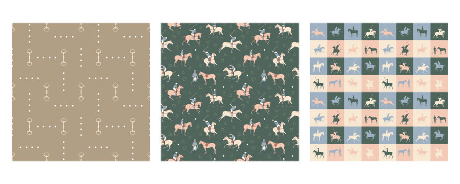 Set of three seamless patterns including polo players, bits and reins, and classic plaid in soft equestrian tones