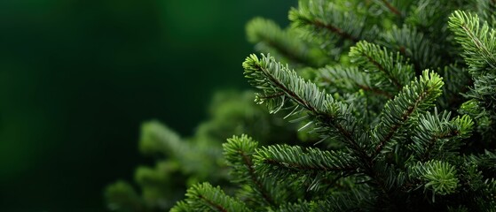Closeup of fresh green fir tree branches against a dark green background Evergreen needles detail for Christmas, nature, and holiday season concept