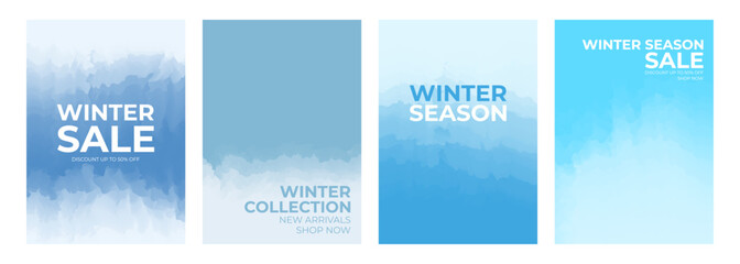 Winter season commercial. Set of Winter Sale abstract backgrounds with soft blue color gradients for seasonal shopping, winter collection promotion and sale advertisements. Vector illustration.