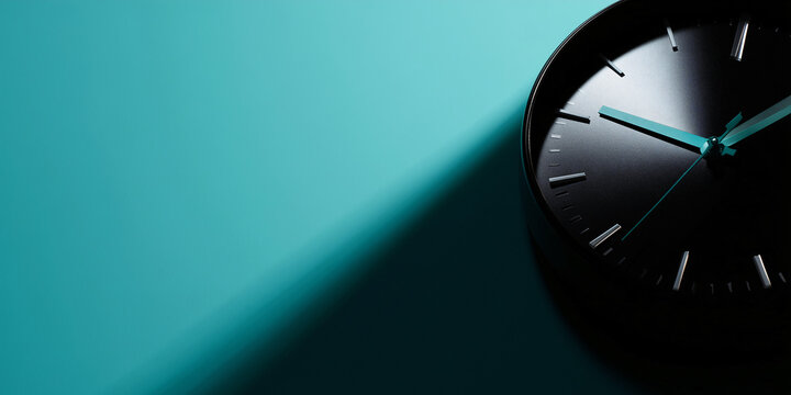 A minimalist clock on a teal wall casting a dramatic shadow. The dark clock contrasts beautifully with the blue backdrop