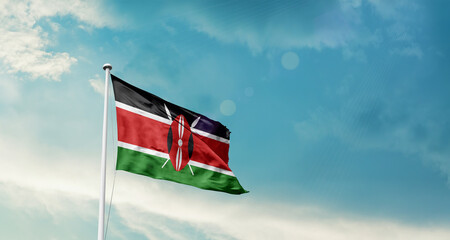 Kenya national flag fluttering. The flag blowing in beautiful soft sky. Kenya national flag for independence day.