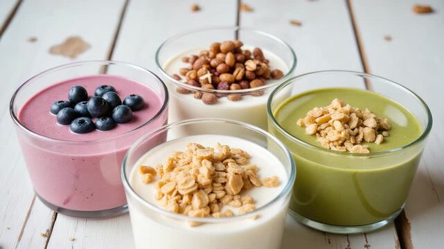 Healthy Breakfast Smoothie Bowls - Fresh Yogurt Parfaits with Berries and Granola for Food Blogs and Health Marketing Video Content