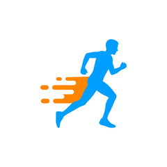 Blue silhouette of a man running with orange speed lines suggesting motion and energy in a dynamic and modern style.