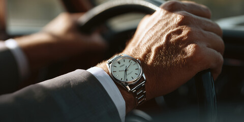 A man's hands gripping the steering wheel of a classic car, a luxury watch glinting in the sunlight. The scene suggests a journey, style, and a touch of vintage elegance. 