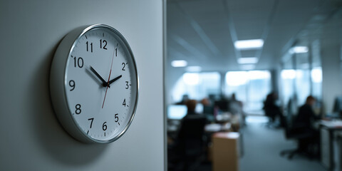 A close-up of a clock on the wall, showing the time with an office setting in the background. The scene captures the passage of time in a work environment