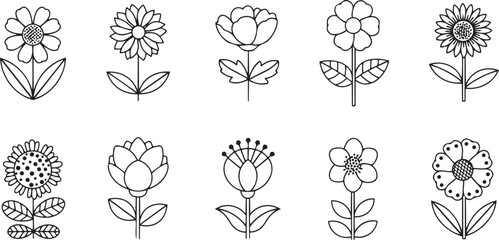 Minimal black and white floral vector icons with geometric symmetry, including daisies, sunflowers, tulips, and abstract flower shapes, clean line art style, modern botanical design.