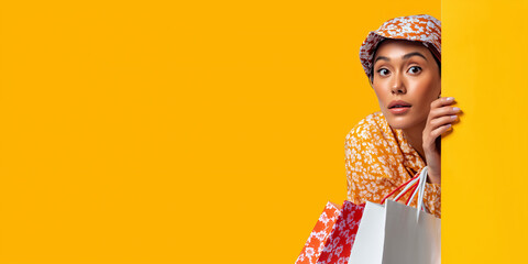A surprised woman peeking around a yellow wall while holding shopping bags. She appears shocked by the unexpected reveal. The image shows a woman with a cap looking in disbelief