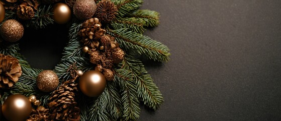Elegant Christmas Wreath with Gold Ornaments and Pine Cones on Dark Background Festive Holiday Decoration with Copy Space for Merry Christmas and Happy New Year