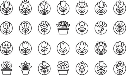 Minimal floral line icon set — modern black outline flower and plant symbols collection with tulips, roses, and decorative pots for spring, botanical, and nature design themes