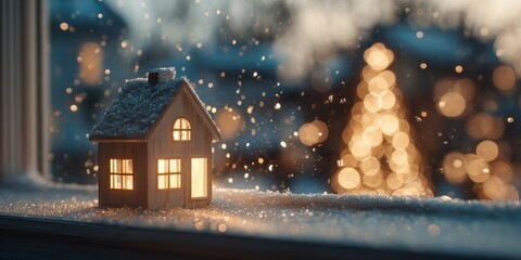 Golden house with red ribbon in snowy Christmas lights background, symbolizing warmth, real estate, and holiday joy