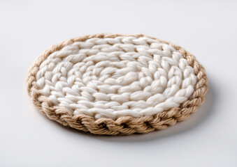 Obraz premium Minimalist knitted coaster for cup isolated on white background. Handmade cozy design with soft yarn texture, perfect for product mockup or commercial use. 