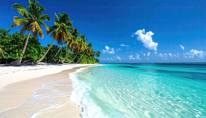 Fototapeta premium Tropical Island Paradise Beach with Palm Trees and Turquoise Ocean Water on a Sunny Day
