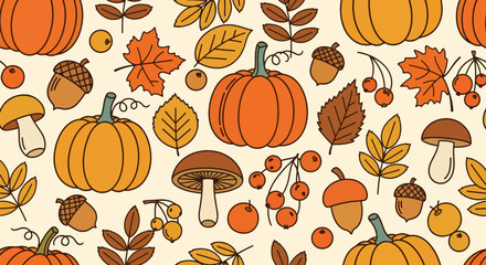 Illustrated Autumnal Pattern of Cute Pumpkin, Acorn, Leaves, and Mushrooms