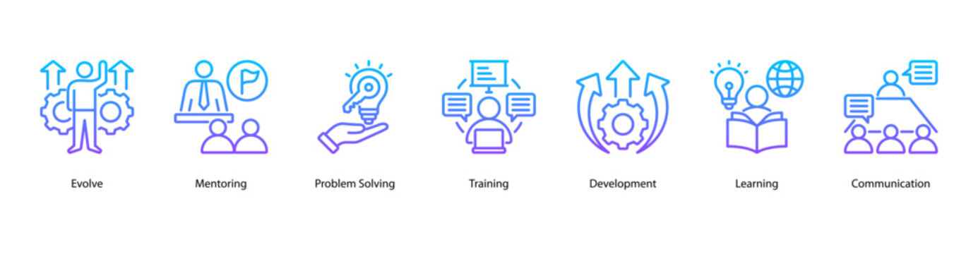 Professional Growth web banner vector illustration featuring Evolve, Mentoring, Problem Solving, Training, Development, Learning, and Communication.