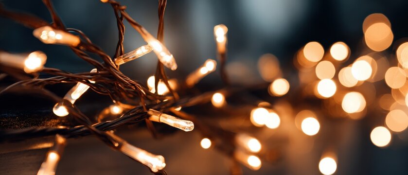 Warm glowing fairy lights with bokeh effect, creating a festive and magical atmosphere for holiday season and celebration - Powered by Adobe