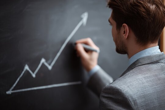 businessman draws a graph with an upward arrow on a board with marker