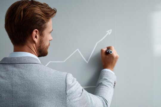 man draws a graph with an upward arrow on a board with marker