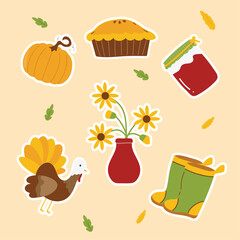 Thanksgiving Stuff Illustration for Holiday Celebration with Pumpkin Pie Turkey Leaves and Autumn Decoration