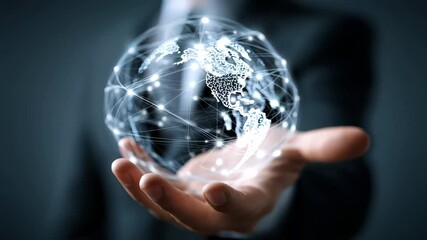 Global connectivity symbolized by a person holding a digital globe showcasing interconnected networks - Powered by Adobe