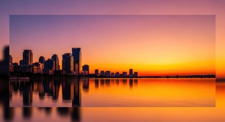 Tranquil Cityscape Reflection: Vivid Sunset over Urban Skyline and Water
