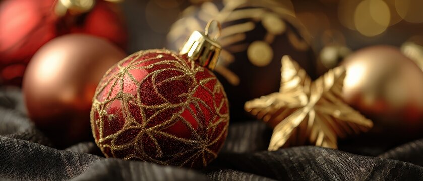 Elegant Christmas Ornaments with Gold Star on Dark Fabric, Festive Holiday Season Decoration