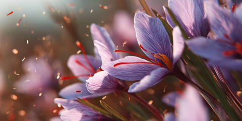Close-up shot of blooming saffron flowers in natural light