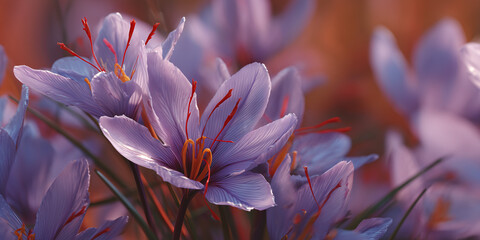 Delicate saffron flowers blooming, showcasing intricate details. The vibrant purple petals and red stigmas create a stunning visual. The warm light creates a captivating scene.