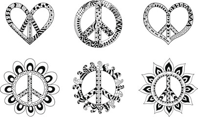 Decorative peace signs and heart peace symbols with intricate black and white patterns