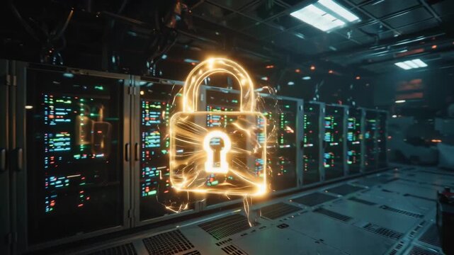 Data Security Server Room with Glowing Padlock, Network Protection