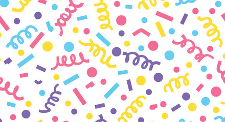 Playful Flat Colorful Confetti and Streamers Birthday Party Seamless Pattern