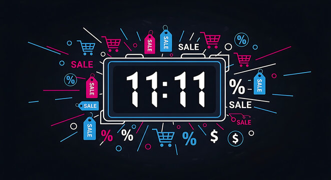 A digital clock displays eleven eleven surrounded by sale icons and shopping carts on a black background