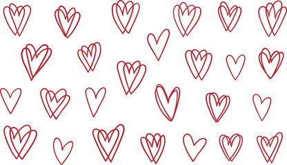 Seamless pattern of hand drawn red hearts scattered on clean white background