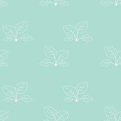 Elegant seamless pattern of minimalist white leaves on a soft aqua background.  Perfect for textile design, wallpaper, packaging, or website backgrounds.