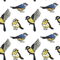 Pattern color with hand-drawn small wild birds with a black outline. Flying and standing. Repetitive texture with small fluffy birds, sparrows, and tits for fabric, textile, and packaging design © Svetlana