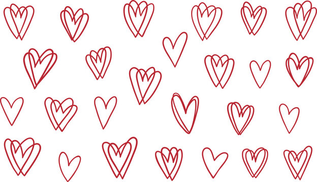 Seamless pattern of hand drawn red hearts scattered on clean white background