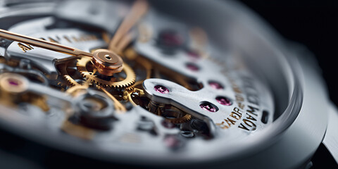 A detailed close-up of a luxury mechanical watch, showcasing its intricate inner workings. The watch is a symbol of precision, craftsmanship, and timeless elegance