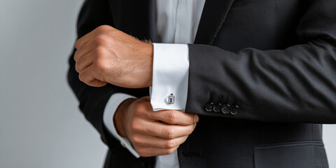 A man in a black suit adjusts his cuff links
