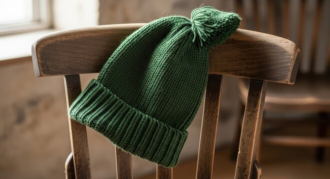 A cozy green knitted hat on a wooden chair, capturing warmth, comfort, and the essence of handmade winter fashion