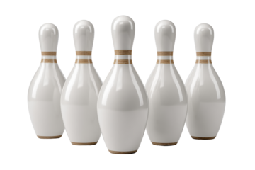 Five white bowling pins with wooden bands arranged on a black background sport game, Png, Isolated on Transparent Background, Cut Out