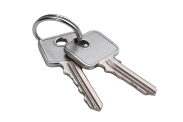 Two silver metal keys attached to a silver ring on a black background image, Png, Isolated on Transparent Background, Cut Out