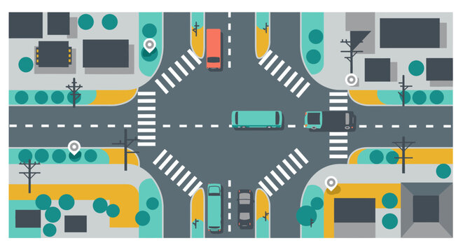 A vibrant, minimalist illustration from an overhead perspective depicts a busy city intersection with vehicles, crosswalks, and urban architecture.