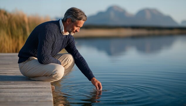 man at lake — mature man kneeling on wooden dock, calm and reflective mood, natural light photography, concept of mindfulness, wellness, and peaceful retirement lifestyle in