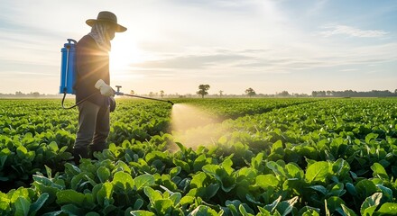 Agricultural worker spraying pesticides on crops in a large green farm field during sunset.