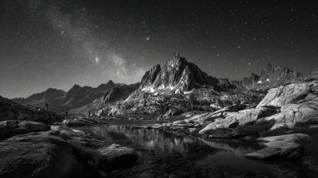 in the night sky, stars twinkle above rugged mountain peaks, casting long shadows on the rocky terrain below. a small lake reflects the starry expanse of space in its tranquil waters
