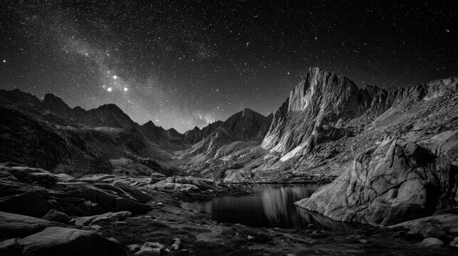 in the night sky, stars twinkle above rugged mountain peaks, casting long shadows on the rocky terrain below. a small lake reflects the starry expanse of space in its tranquil waters
 - Powered by Adobe