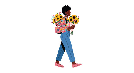 Stylish woman with sunflowers and trendy backpack walking with springtime joy, ready for new adventures and sunny days ahead in a bright, modern world
