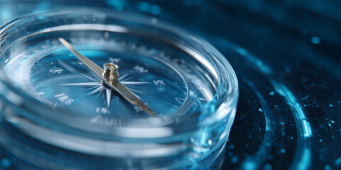 A close-up shot of a compass, showing its needle pointing a specific direction, with a blue background