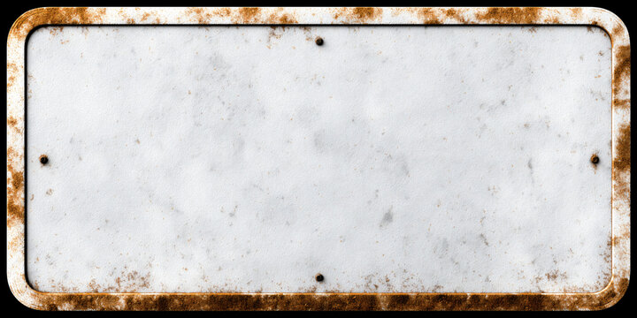 An old, weathered, blank, rusty metal sign, perfect for adding text. The sign has a textured surface with signs of rust around the edges