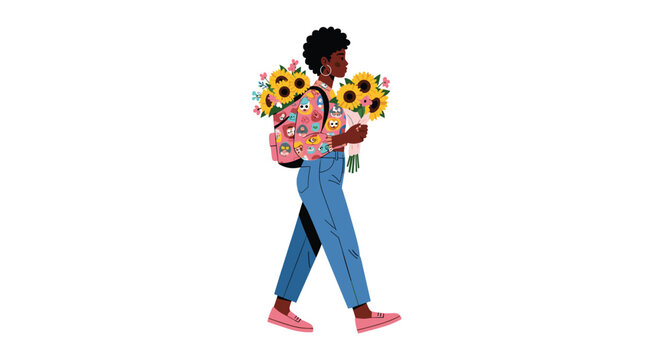 Stylish woman with sunflowers and trendy backpack walking with springtime joy, ready for new adventures and sunny days ahead in a bright, modern world